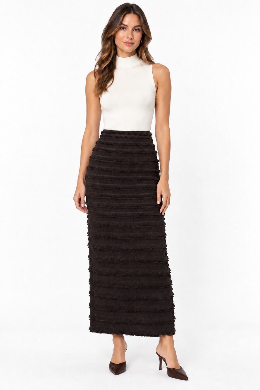 NWT H&M Dark Brown Fringe Maxi Pencil Skirt